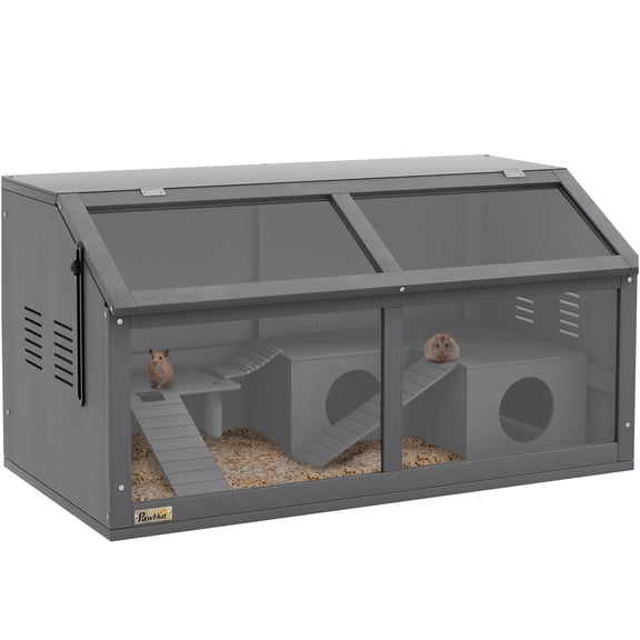 JERFIT Large Wooden Hamster Cage with Accessories, Openable Top & Front View Window, Charcoal Grey Small Animal Enclosure for Gerbils, Mice, Dwarf Hamsters