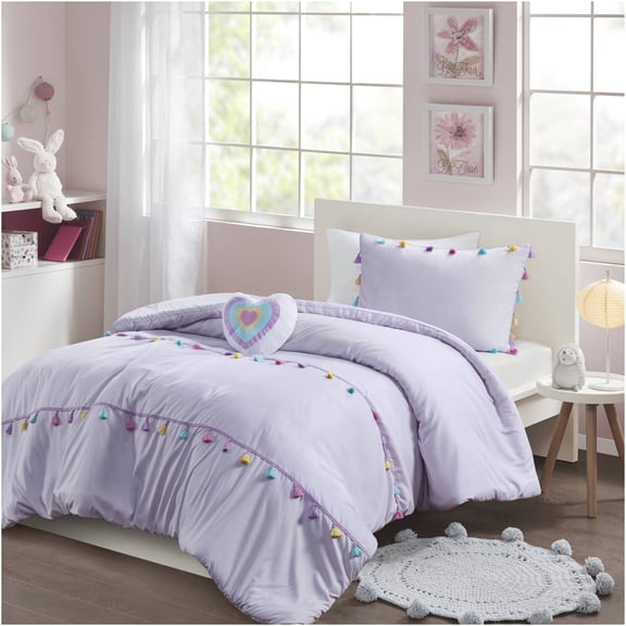 JERFIT Lavender Microfiber Comforter Set with Tassels & Heart Pillow, Full Queen Bedding Set for Girls Room