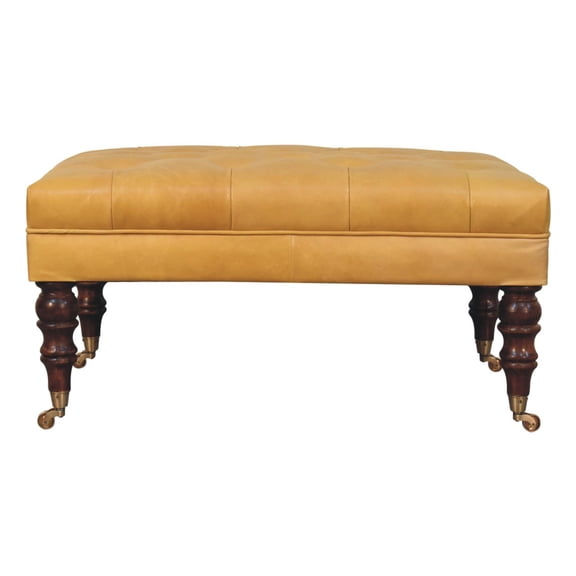 JERFIT Leather Storage Ottoman Bench with Casters, Solid Mango Wood, Deep Button Tufted, Honey Caramel Finish, Brown