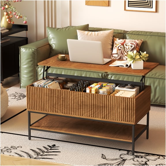 JERFIT Lift Top Coffee Table with Storage, 39.4" Farmhouse Sofa Table, 2-Tier Organizer with Safety Hinges, Rustic Brown MDF Top & Steel Legs for Living Room