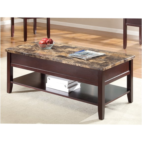 JERFIT Lift Top Coffee Table with Storage, Dark Cherry Finish Faux Marble Top, Contemporary Cocktail Table with Hidden Compartment and Lower Shelf for Living Room