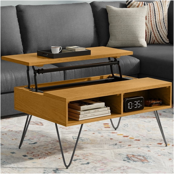 JERFIT Lift Top Coffee Table with Storage, Industrial Oak End Table with Hairpin Legs, Lift Top Cocktail Table for Living Room, Family Room, Den