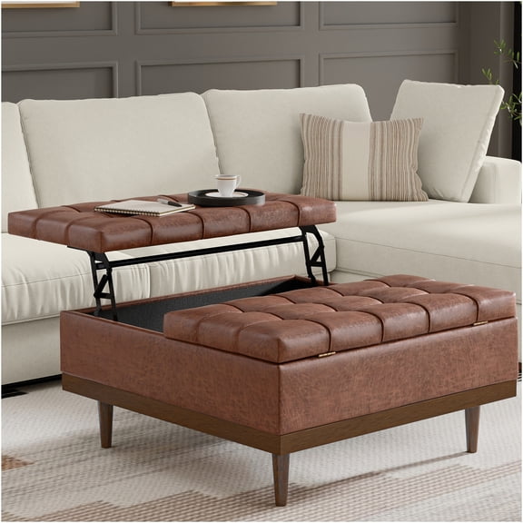 JERFIT Lift Top Storage Ottoman Coffee Table, Brown Faux Leather Square Ottoman with Storage, Foot Rest Stool for Living Room