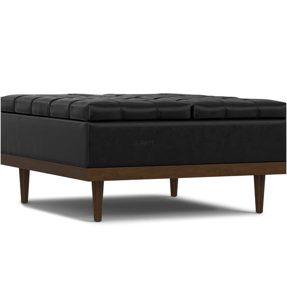 JERFIT Lift Top Storage Ottoman Coffee Table with Safety Hinges, Black Faux Leather Tufted Footrest Stool with Hidden Compartments for Living Room