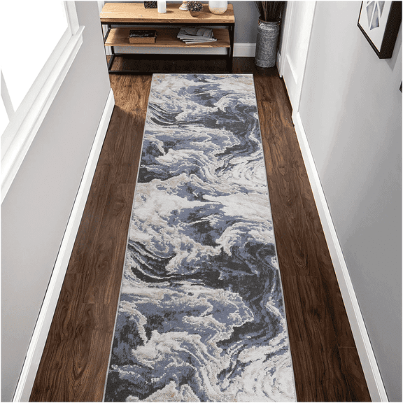 JERFIT Light Blue Abstract Runner Rug 26 x 96 Inch Modern Contemporary Polypropylene Floor Decor