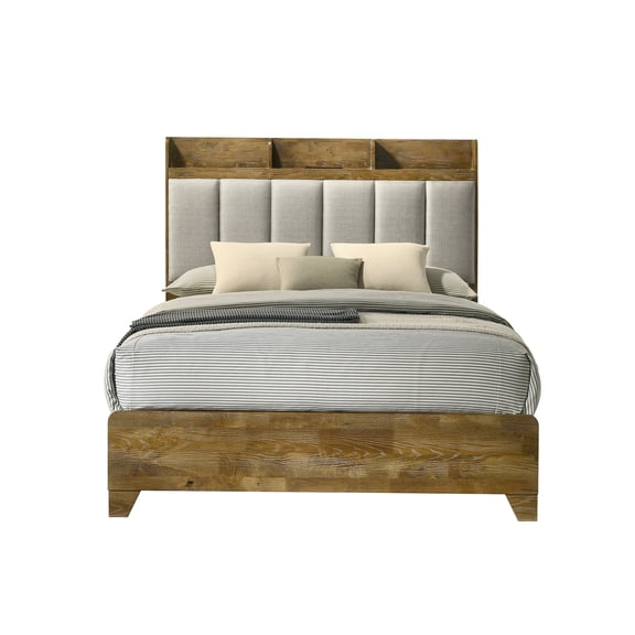 JERFIT Light Brown Eastern King Bed Frame with USB Ports, Transitional Platform Bed with Headboard, No Box Spring Needed