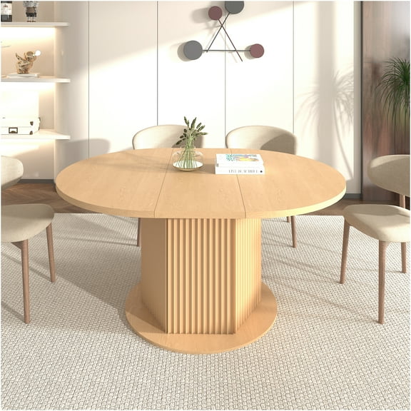 JERFIT Light Brown Round Dining Table for 6 Person, Extendable Kitchen Table with Hexagon Base, MDF Wood Veneer Dining Room Table for Family Gatherings