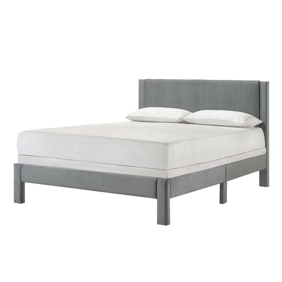 JERFIT Light Gray Full Size Upholstered Platform Bed with Ribbed Headboard, Low Profile Modern Bed Frame for Bedroom