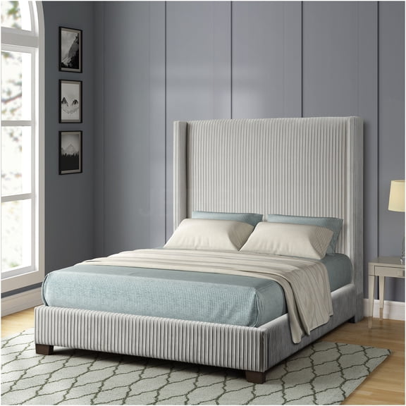 JERFIT Light Gray King Upholstered Platform Bed, All-in-One Bed Frame with Pleated Design and Sturdy Support, No Box Spring Needed