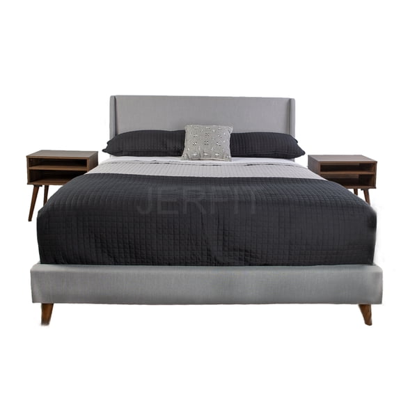 JERFIT Light Gray Upholstered King Bed Set with 2 Nightstands, Modern Fabric Platform Bed Frame with Storage and LED Headboard