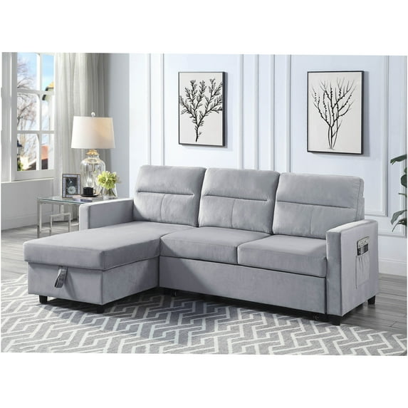 JERFIT Light Gray Velvet Reversible Sectional Sofa with Pull Out Sleeper Bed and Storage Chaise