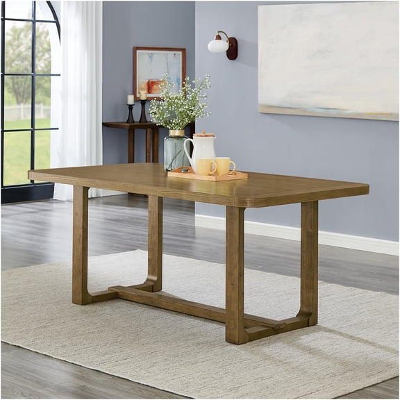 JERFIT Light Oak Dining Table for 6 People, Farmhouse Trestle Base, Solid Wood & MDF Top, Rectangular Kitchen Table, Modern Rustic Furniture