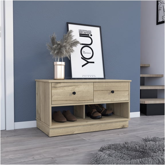 JERFIT Light Oak Storage Bench with Drawers, 2-Tier Entryway Organizer Shelf, Multipurpose Seating Ottoman for Bedroom, Living Room