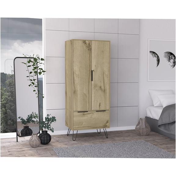 JERFIT Light Oak Wardrobe Closet with 2 Doors, Large Drawer & Hanging Rod for Bedroom Storage Organization