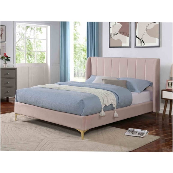 JERFIT Light Pink Velvet Upholstered Full Size Wingback Headboard with Gold Metal Legs, Channel Tufted Bed Frame