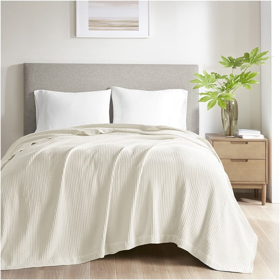 JERFIT Lightweight Cotton Waffle Weave Blanket for Queen Size Bed, Ultra Soft & Breathable All Season Throw, OEKO-TEX Certified, Machine Washable, Ivory