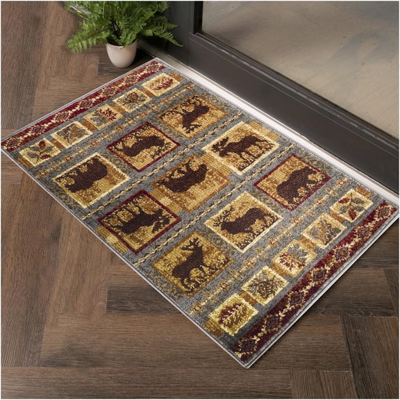 JERFIT Lodge Themed Area Rug 2x3 Feet, Nature Inspired Blue Polypropylene Accent Rug for Indoor Use
