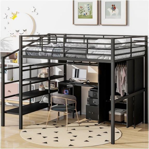 JERFIT Full Size Metal Loft Bed with Built-in Desk, Wardrobe & Shelves, Space Saving Black Bed Frame for Small Rooms