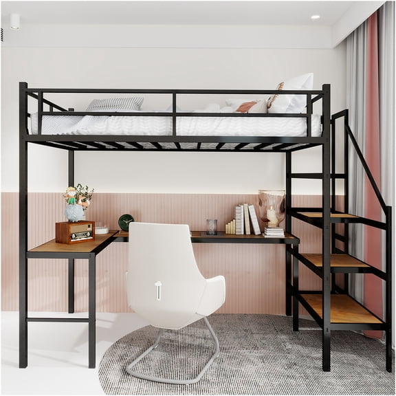 JERFIT Loft Bed with L-shaped Desk, Storage, Stairs, Railing