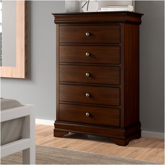 JERFIT Louis Philippe 5-Drawer Chest, Jewelry Armoire Dresser with Hidden Compartment, Brown Cherry Finish Bedroom Furniture