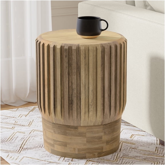 JERFIT Lyall Round Side Table for Living Room, Solid Mango Wood Nightstand with Fluted Design, Natural Finish Small Accent Table