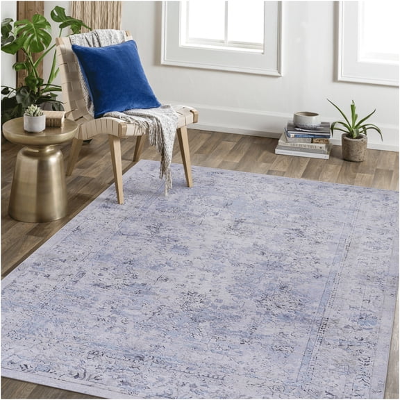 JERFIT Machine Washable 3x5 Area Rug, Non-Slip Low Pile Indoor Rug, Stain Resistant Chenille Carpet for Living Room Bedroom Kitchen, Blue and Cream