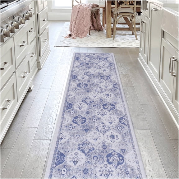 JERFIT Machine Washable Runner Rug 2x10 Feet Non Slip Low Pile Chenille Carpet for Hallway Kitchen Entryway, Soft Blue Polyester Indoor Rug