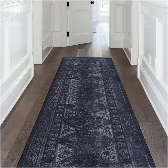 JERFIT Machine Washable Runner Rug 2x10 Non-Slip Low Pile Area Rug for Hallway Kitchen, Soft Chenille Indoor Carpet, Black and Gray