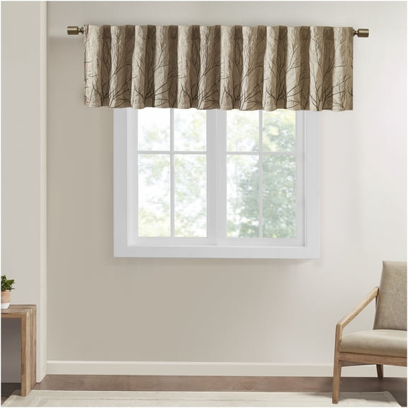 JERFIT Madison Park Andora Embroidered Tree Branch Window Valance, Lined Faux Silk Curtain Top, Rod Pocket Design, 50"W x 18"L, Tan