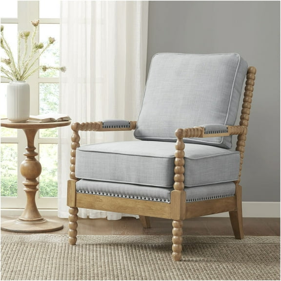 JERFIT Madison Park Style Accent Chair with Nailhead Trim, Light Blue Fabric Upholstery and Camel Oak Wood Legs for Living Room, Bedroom