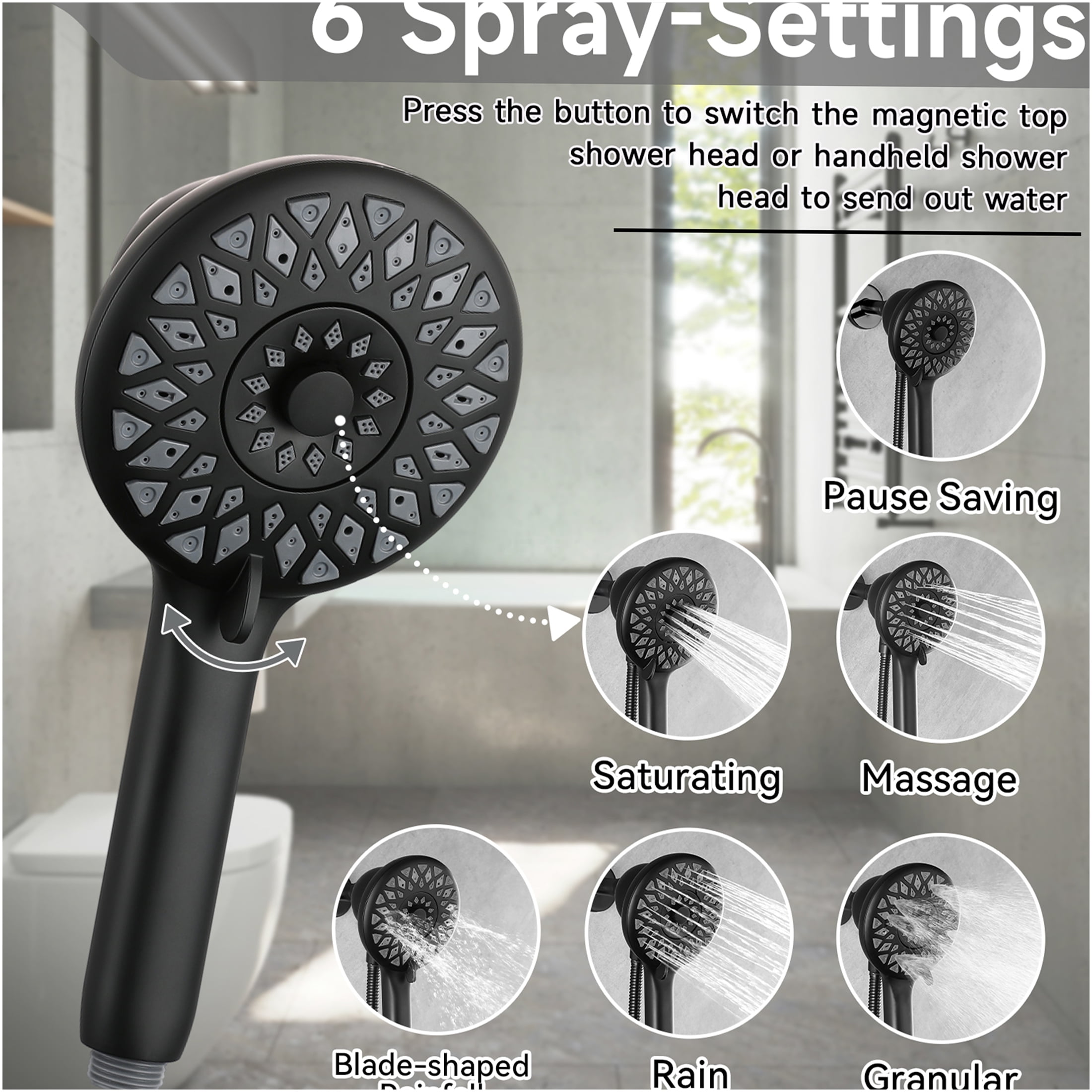 JERFIT Magnetic Handheld Shower Head with 6 Spray Modes, High Pressure Rain Shower Head with 60" Stainless Steel Hose, Matte Black ABS Wall Mount Showerhead for Bathroom