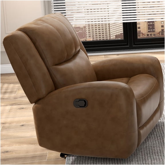 JERFIT Manual Leather Recliner Chair for Living Room, Transitional Brown Sofa with Wide Seat and Contour Arms, Comfortable Reclining Chair