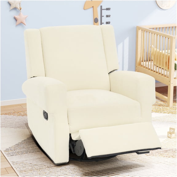 JERFIT Manual Recliner Chair, Swivel Rocker Recliner Sofa with Pull Handle, 360 Swivel and Dual Position Reclining, Soft Chenille Fabric, for Living Room, Bedroom, Nursery, White