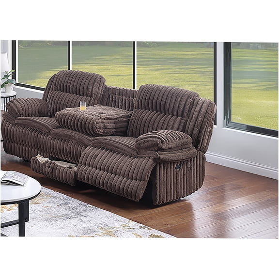 JERFIT Manual Recliner Sofa with Cup Holders & Charging Station, Plush Corduroy Upholstery, Hidden Storage Drawer, for Living Room, Chocolate Brown