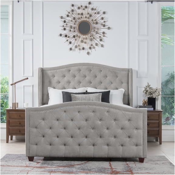 JERFIT Marcella Queen Upholstered Bed Frame with Headboard, Silver Grey Fabric, Sturdy Hardwood Platform Base for Mattress, Modern Bedroom Set