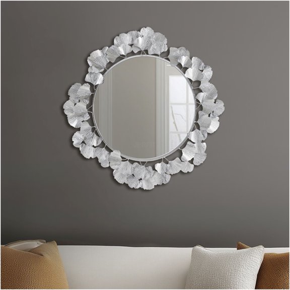 JERFIT Martha Stewart Perry Street 30.5 Inch Silver Gingko Leaf Round Wall Mirror for Living Room
