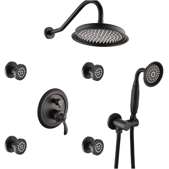 JERFIT Matte Black 4-Spray Shower System with Rain Head, Body Jets & Handheld | All-in-One Bathroom Faucet Set with Valve