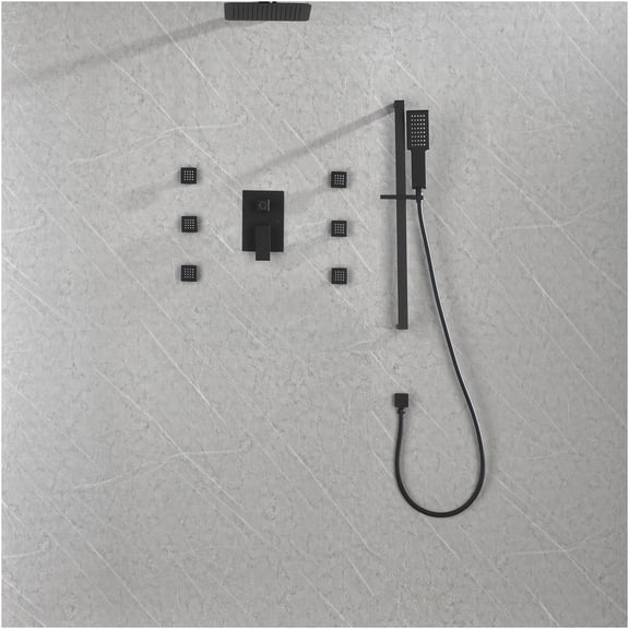 JERFIT Matte Black 6-Function Wall Mounted Shower System with Rainfall Showerhead, 6 Body Jets and Handheld Spray