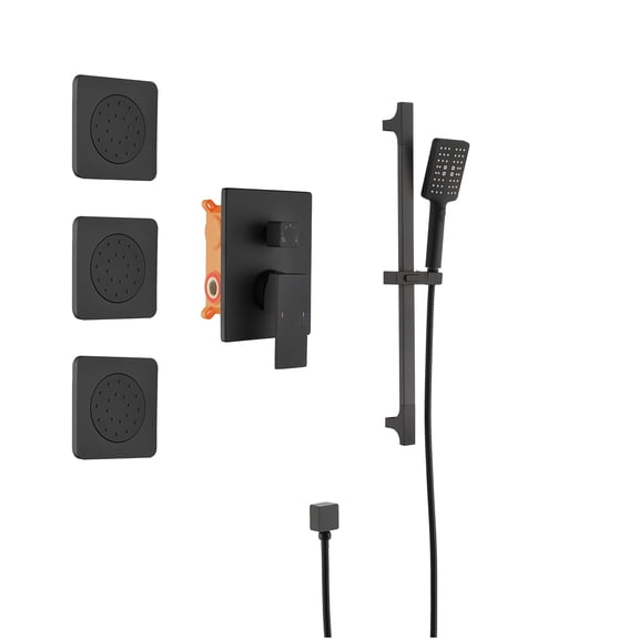 JERFIT Matte Black 8-Function Shower System Combo with Rainfall Showerhead, Adjustable Slide Bar, Body Jets, Handheld Spray and Brass Valve Trim