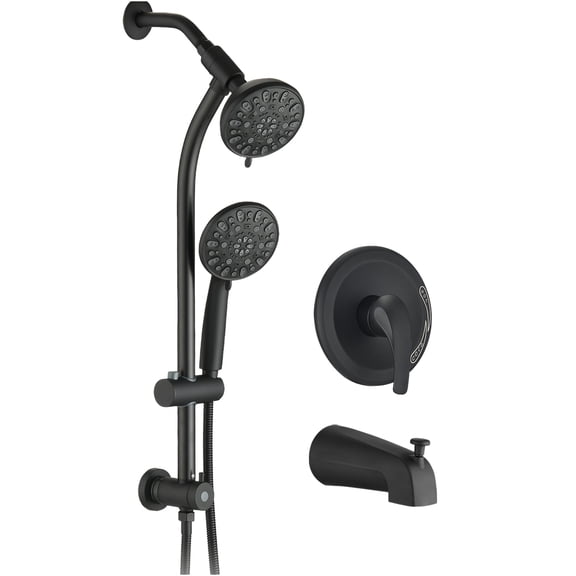 JERFIT Matte Black Dual Shower Head System with Slide Bar, 7-Spray Rainfall and Handheld Showerhead, No-Drill Mounting, All Metal Rough-in Valve Included