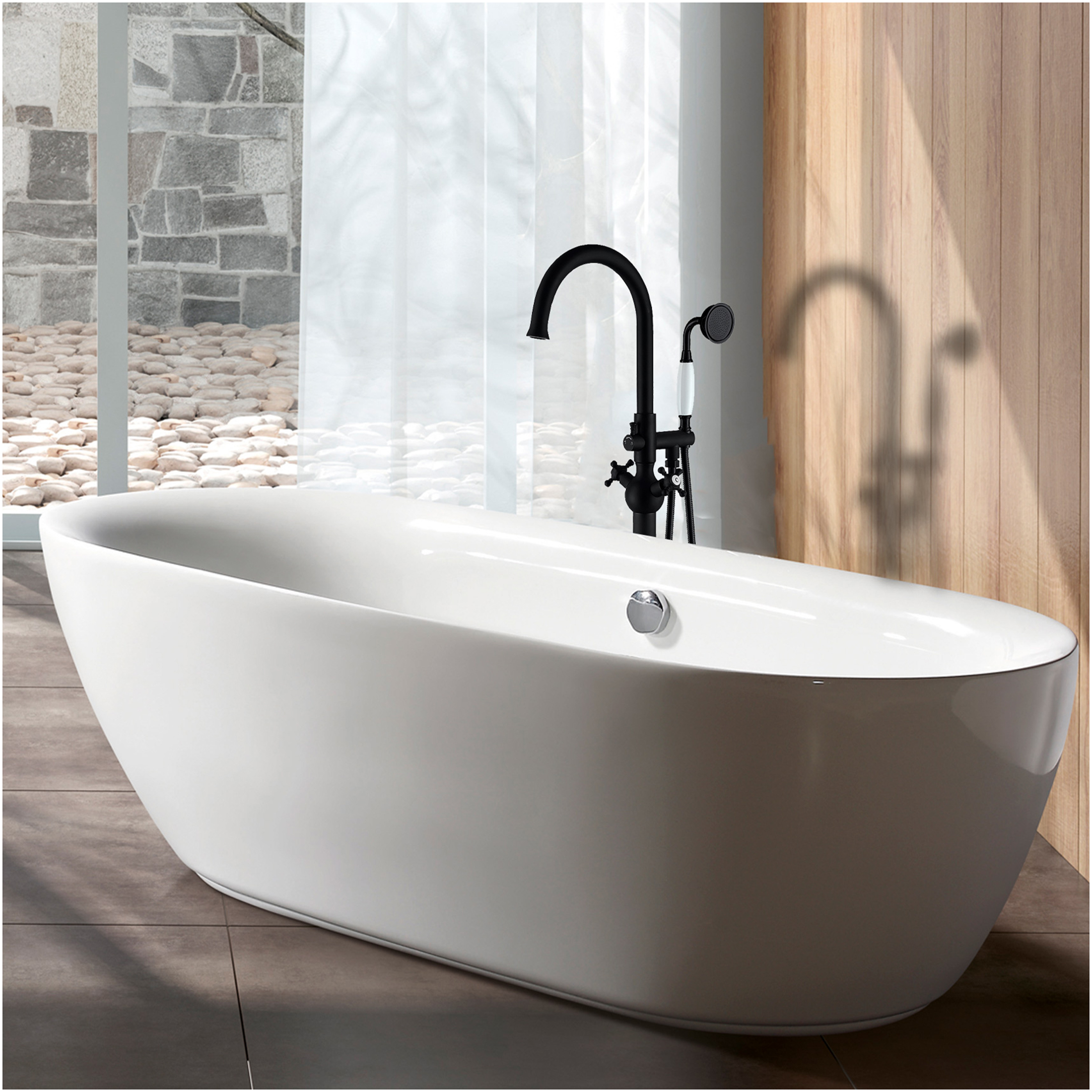 JERFIT Matte Black Freestanding Tub Filler with Hand Shower, 3.9 GPM Modern Bathroom Faucet for Bathtub