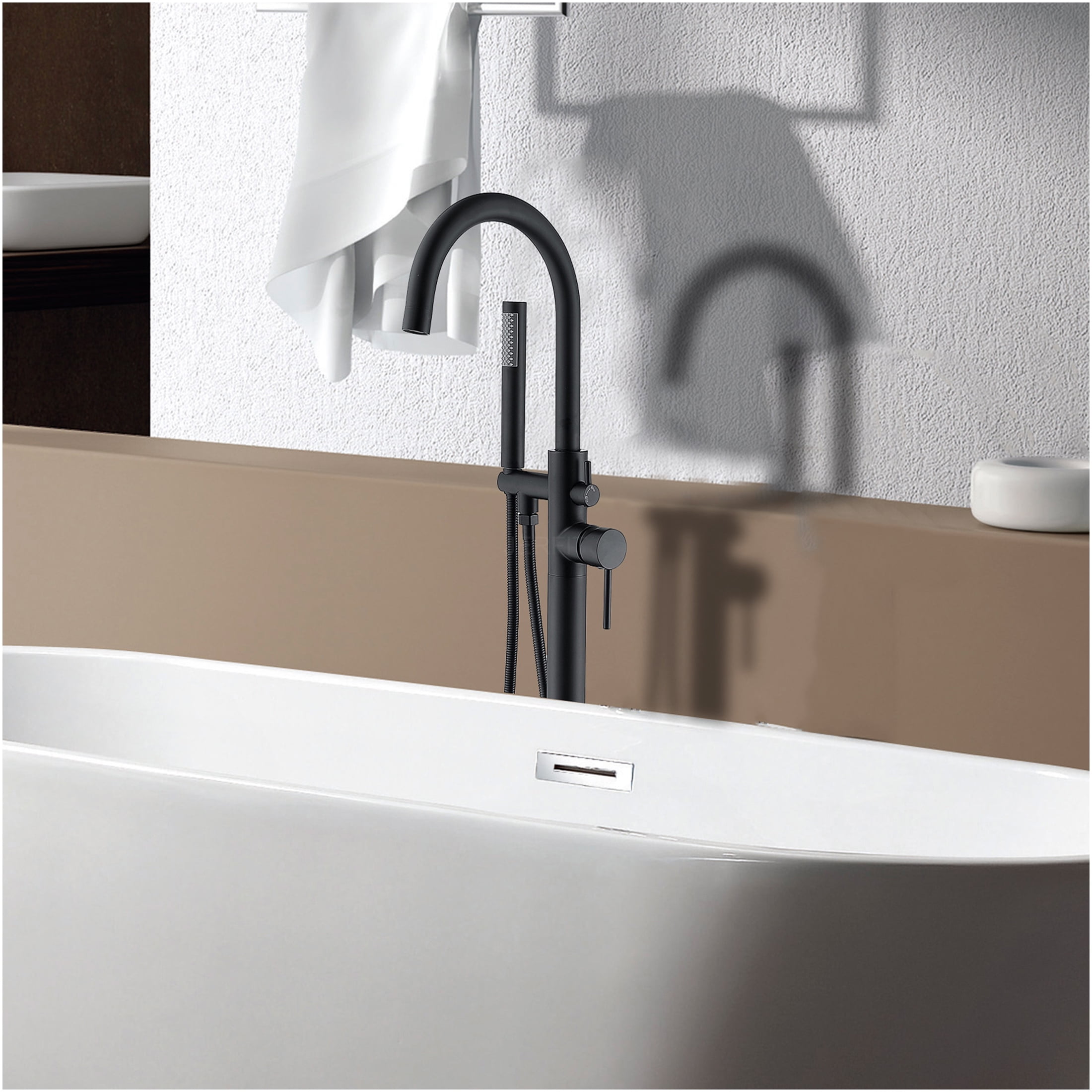 JERFIT Matte Black Freestanding Tub Filler with Hand Shower, 3.9 GPM Modern Bathtub Faucet for Master Bathroom