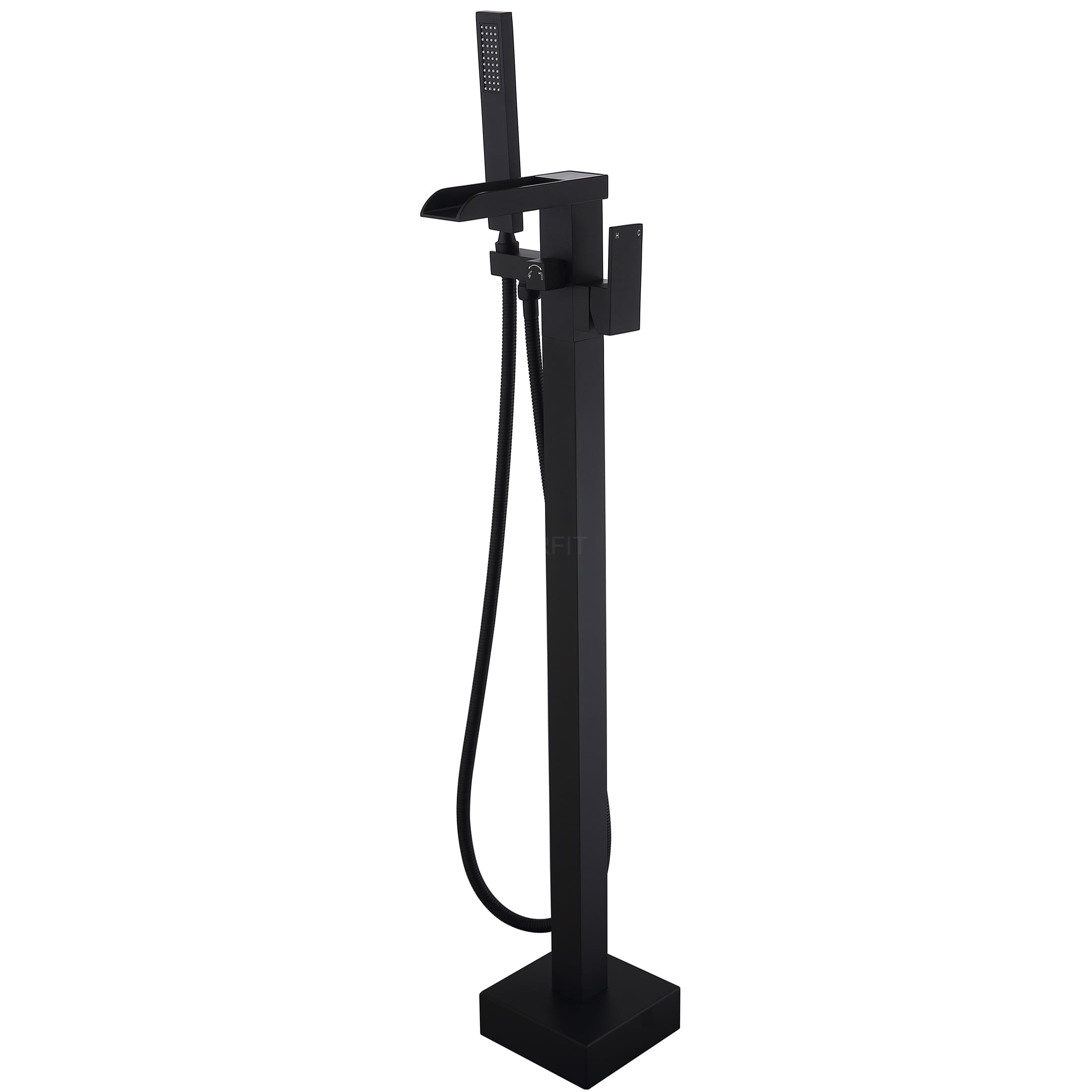 JERFIT Matte Black Freestanding Tub Filler with Hand Shower, Single Handle Floor Mount Waterfall Bathtub Faucet