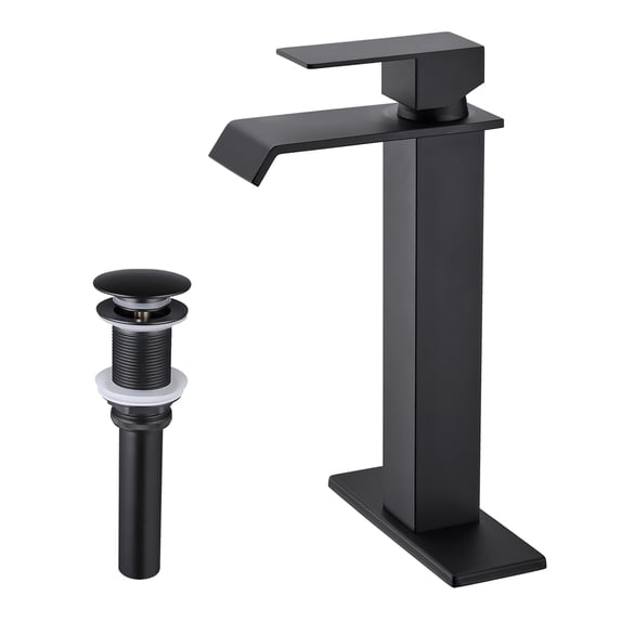 JERFIT Matte Black Waterfall Bathroom Faucet with Pop-Up Drain, Single Handle Modern Sink Faucet No Overflow, Brushed Nickel Core