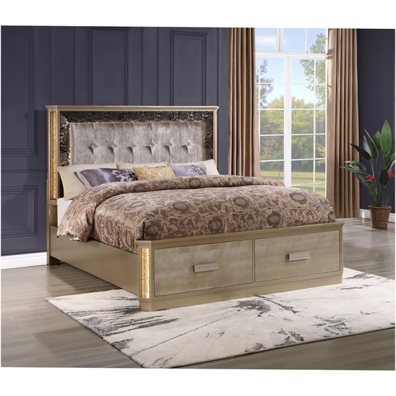 JERFIT Medusa Queen Bed with LED Headboard, Gold Upholstered Storage Bed, Modern Wood Frame Platform Bed with Fabric Tufted Headboard and Drawers