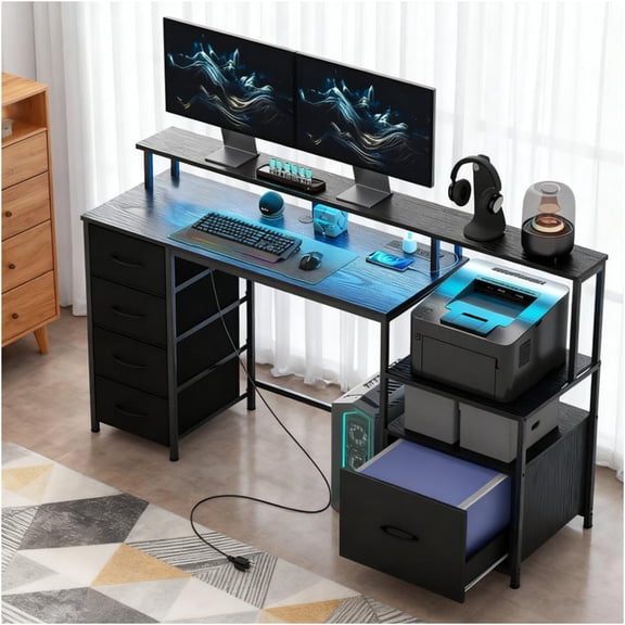 JERFIT Menlo Writing Desk with Drawer and Shelves, Distressed Black Finish, Modern Small Office Desk for Home & Study