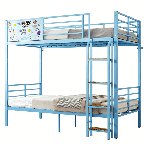 JERFIT Metal Bunk Bed Frame, Full Size, Convertible to 2 Separate Beds, Blue, Heavy Duty with Guardrail & Ladder, No Box Spring Needed