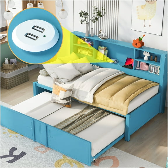 JERFIT Metal Twin Size Daybed with Twin Size Trundle Storage Shelves and USB Ports Blue