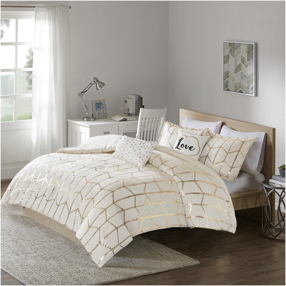 JERFIT Metallic Gold Geometric King Comforter Set, Antimicrobial Ultra-Soft Microfiber Bedding Ensemble with Shams & Decorative Pillows, Ivory & Gold