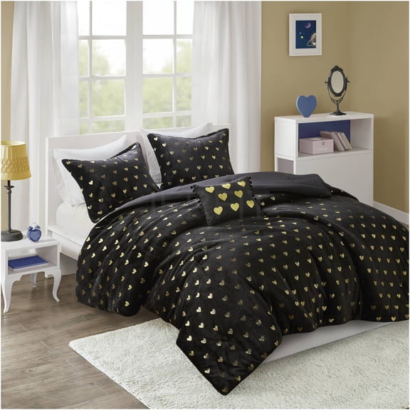 JERFIT Metallic Heart Print Plush Comforter Set, Full/Queen Black Gold Bedding Set with 2 Shams & Decorative Pillow, Ultra Soft Hypoallergenic Microfiber